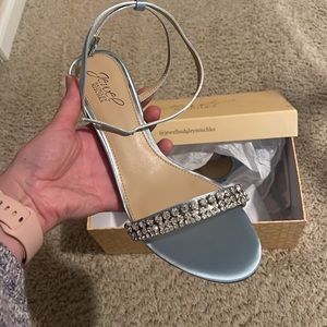 SATIN ANKLE WRAP KITTEN HEELS WITH CRYSTAL STRAP,BLUE,9 NWT in box